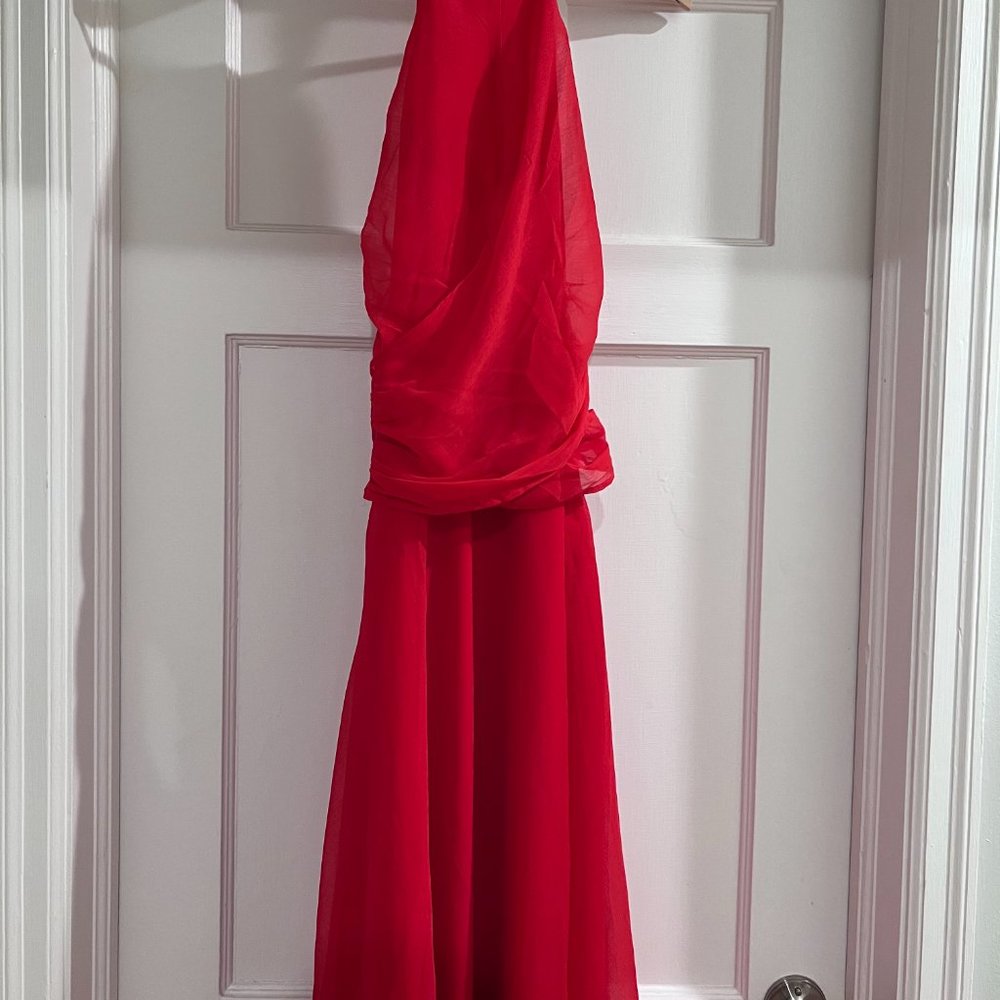 ASOS DESIGN Midi Dress With High Neck and Drape Detail- Poppy Red